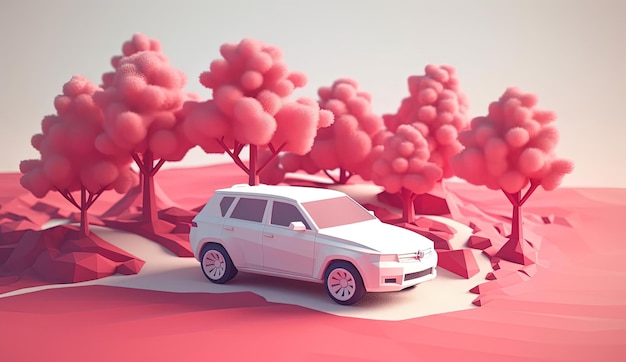 明るい赤と白のスタイルの低ポリ 3D グラフィックで周囲に木々が描かれた車両