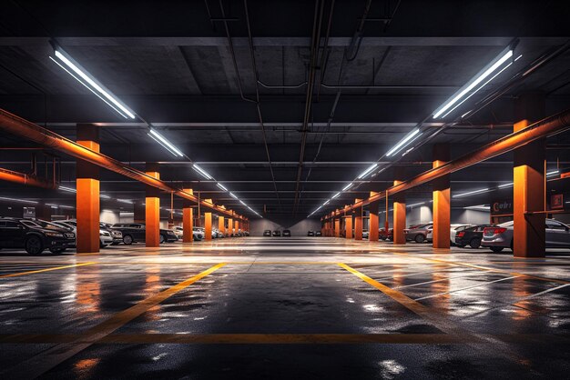 Vehicles parked on big parking area with lights generative AI