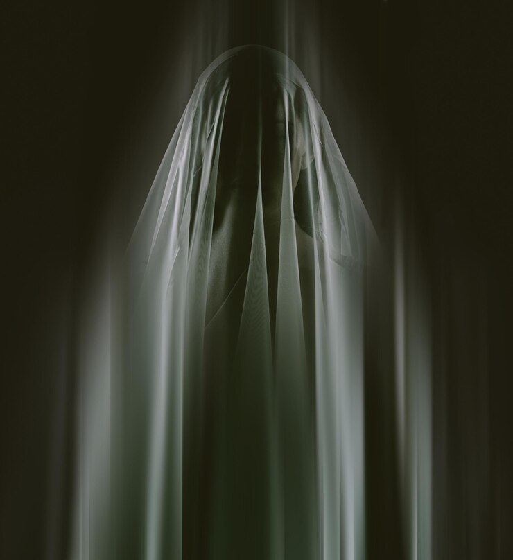 Photo veil woman and shadow for ghost horror and supernatural with scary silhouette on black background surreal dark and person for monster paranormal and terror for superstition on halloween