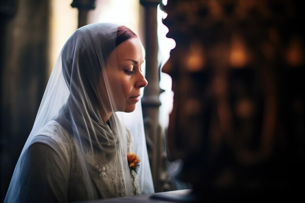 Photo veiled woman mourning by a crypt