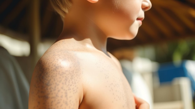 Foto veilig onder de zon closeup van kinderen met gebroken schouders beschermd met zonnecrème op het strand