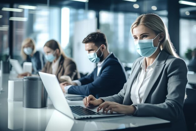 Veilig samenwerken zakelijke professionals in maskers COVID19 bestrijden op kantoor