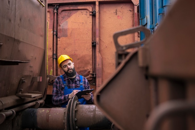 Veiligheidsinspecteur die trein- of verbindingsverbindingen tussen treinwagons en wagons controleert.