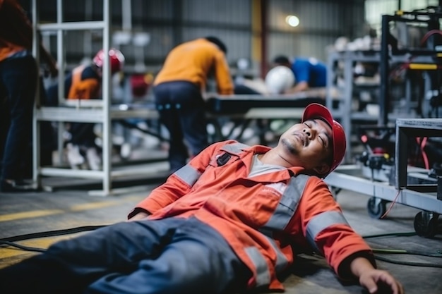 Veiligheidsteam helpt bij eerste hulp bij een ongeval Aziatische werknemer ligt bewusteloos in een industriële fabriek