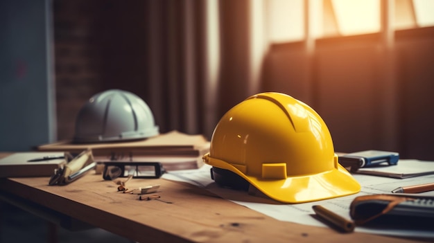 Veiligheidsuitrusting en zakelijke deals Gele helm op bouwbureau