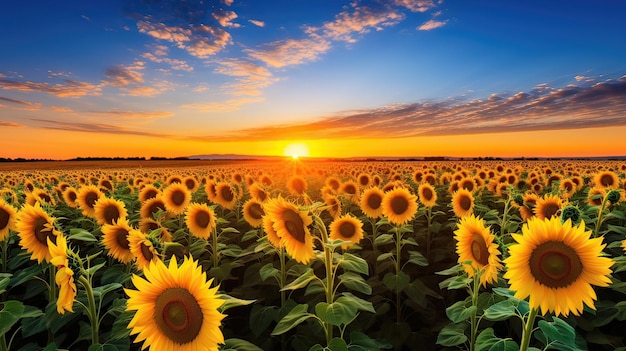 Veld dat zich uitstrekt tot voorbij de horizon Eindeloze bloei, stralende zonnebloemen, uitgestrekte schoonheid, zonovergoten landschap, landelijke sereniteit, natuurwonder Gegenereerd door AI