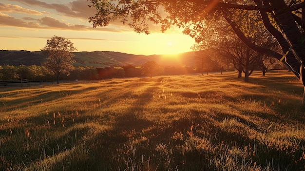 Veld in de stralen van de dageraad Natuur bomen bos lucht ontspanning zon weer dorp vakantie weekend therapie vroege romantiek slaap heuvels gegenereerd door AI