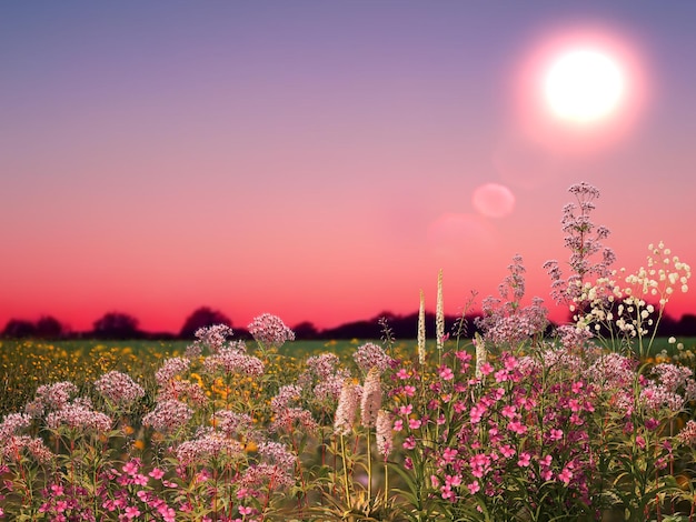 veld met bloemen op oranje roze zonsondergang natuur landschap