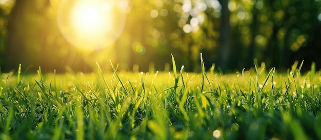 Veld met groen gras op een zonnige achtergrond in het voorjaar of de zomer