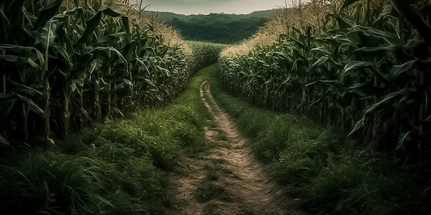 Veld met groene maïs op een zonnige dag Ai gegenereerd