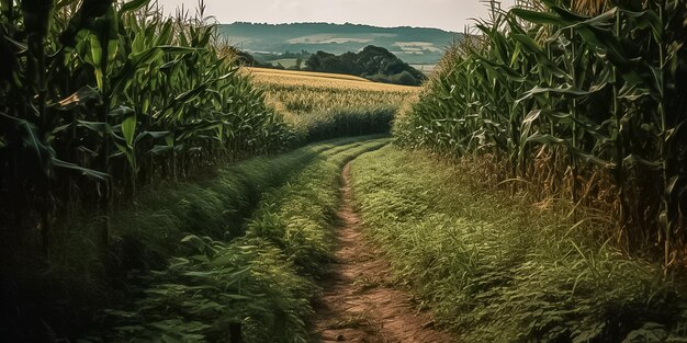 Veld met groene maïs op een zonnige dag Ai gegenereerd