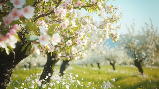 Veld met kersenbomen Geur bos materiaal gras groen natuur lucht ontspanning schoonheid bos bloeien bloemen bloemblaad bos bladeren vruchtzaad rood gegenereerd door AI