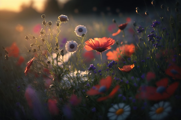 Veld met lentebloemen bij zonsondergang Gemaakt met generatieve AI-technologie