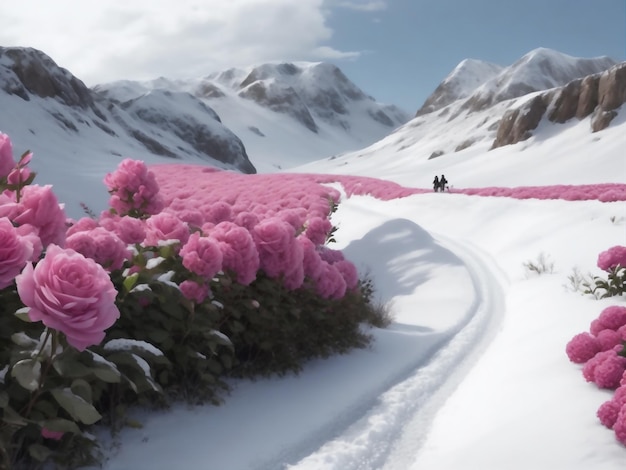 veld met roze rozen bedekt met sneeuw