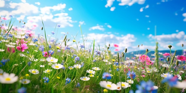 veld met wilde bloemen die zwaaien in de wind onder een helderblauwe hemel Generatieve AI