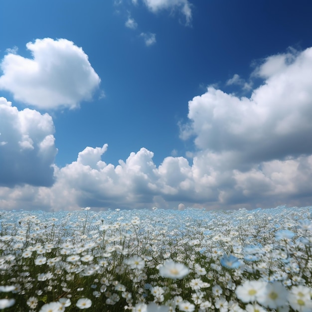 Veld met witte en blauwe margriet bloemen en blauwe lucht met witte wolken mooi landschap