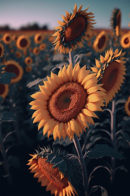 Veld met zonnebloemen met een blauwe lucht op de achtergrond generatieve ai