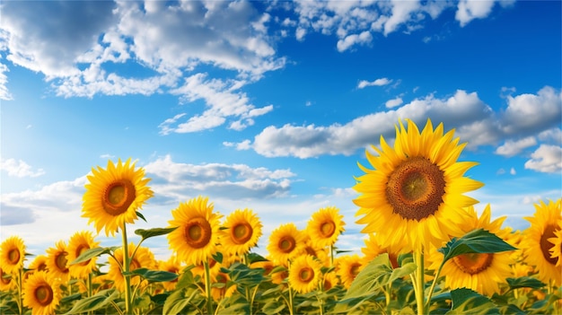 Veld met zonnebloemen op een achtergrond van blauwe lucht met wolken