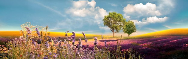 veld natuur landschap Weide van tarwebomen en wilde lavendelbloemen op veldzonlicht