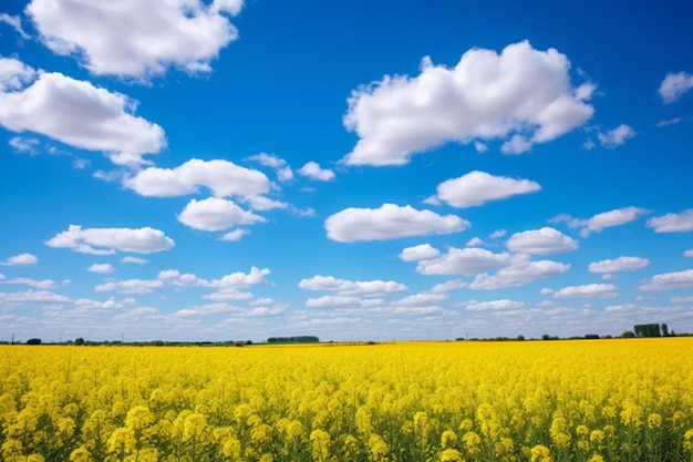 veld van bloeiende koolzaad en blauwe hemel met wolken natuurlijke achtergrond