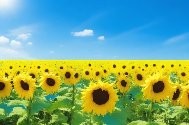 Veld van bloeiende zonnebloemen op een achtergrond blauwe lucht