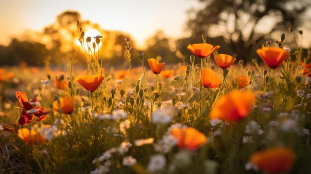 Veld van bloemen bij zonsondergang Generative Ai