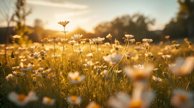 Veld van bloemen bij zonsondergang Generative Ai