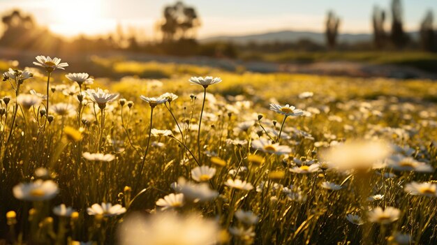 Veld van bloemen bij zonsondergang Generative Ai