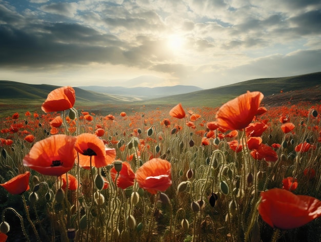 Veld van papaver landschap bloemen veld gouden uur