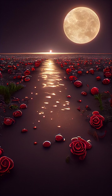 Veld van rode rozen met een volle maan op de achtergrond generatieve ai