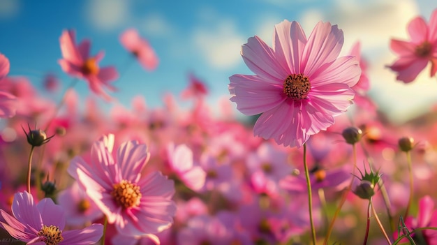 Veld van roze bloemen onder blauwe lucht