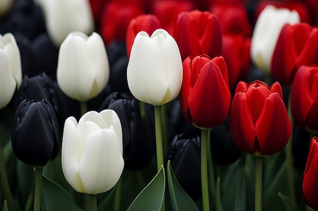 veld van tulpen met één bloem van een contrasterende kleur Ai gegenereerd