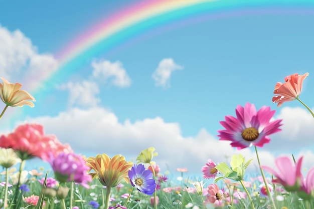 veld van wilde bloemen met regenboog die zich uitstrekt over de lucht naar de verre horizon