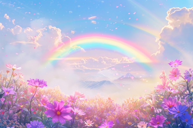 veld van wilde bloemen met regenboog die zich uitstrekt over de lucht naar de verre horizon
