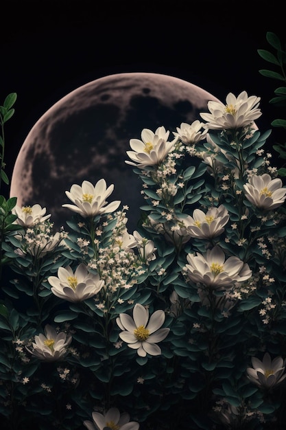 Veld van witte bloemen met een volle maan op de achtergrond generatieve ai