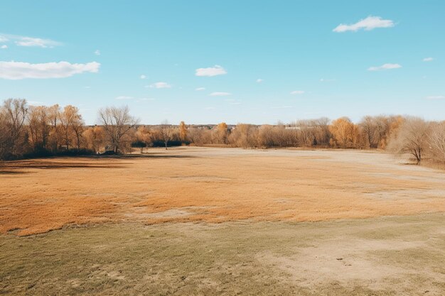 Veld vol bomen zonder bladeren en groen gras in de lente