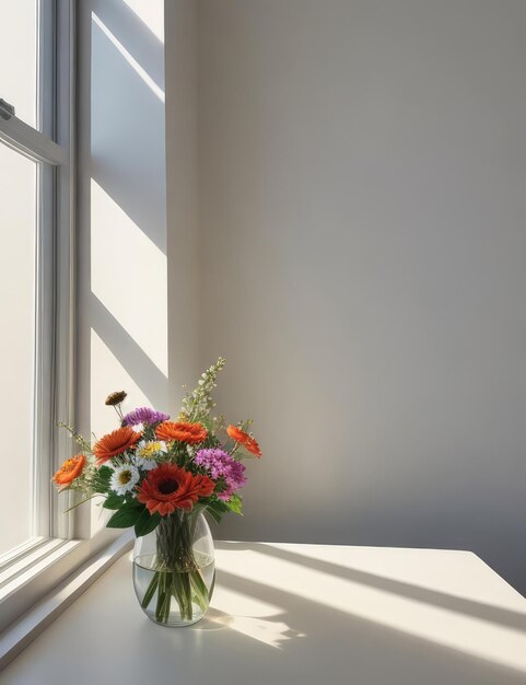 Veldbloemenboeket in een glazen vaas in een lege witte kamer gegenereerd door AI