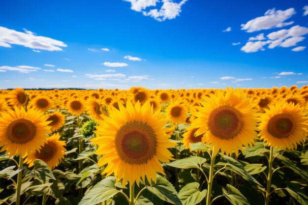 Velden met zonnebloemen onder heldere hemel Generatieve AI