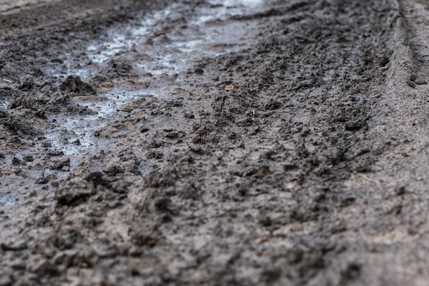 Veldgrond, donkere textuur van vuil van landbouwgrond, close-up foto