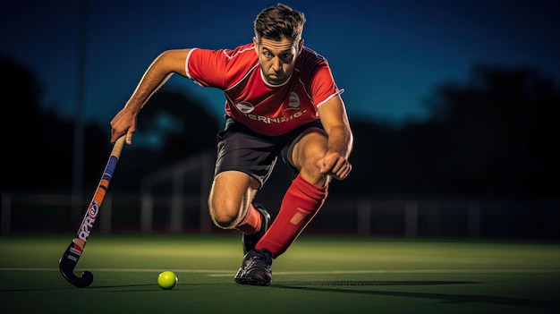 Veldhockey speler die een drag flick uitvoert op het groene veld