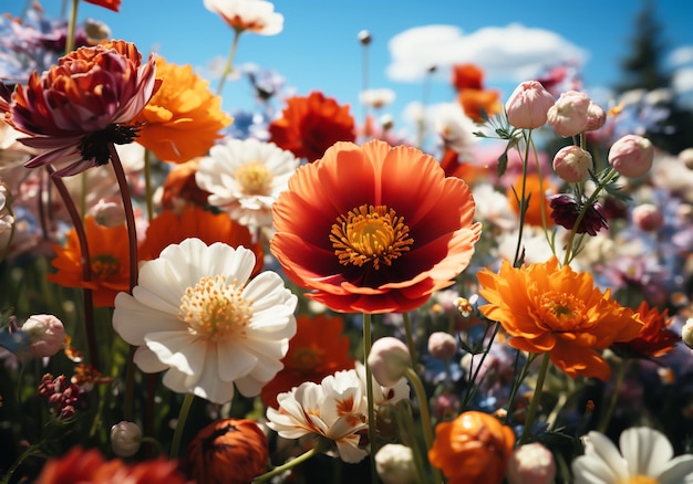 Veldlandschap bedekt met wilde bloemen gegenereerd door kunstmatige intelligentie