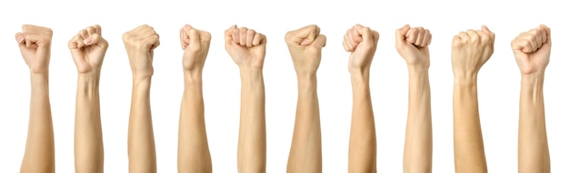Vele beelden van een vrouwelijke blanke hand met een Franse manicure die een vuistgebaar toont