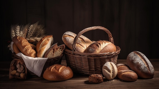 Vele soorten brood in een rieten mand Samenstelling met brood en broodjes in rieten mand