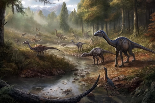 Foto le famiglie di velociraptor compsognathus e deinonychus cacciano l'ia generativa vicino al flusso