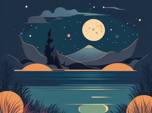 Velvet Enchantment Moon Over the Water Colorful Illustration