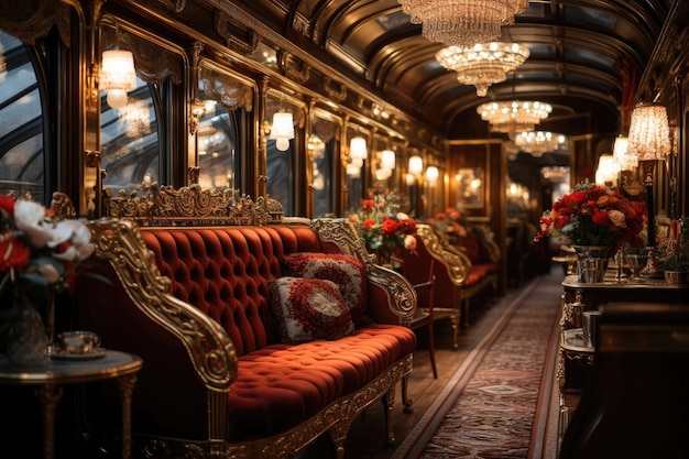 Velvet seats inside a train car in the style of luxury with a table and windows light from lamps to illuminate Generative AI