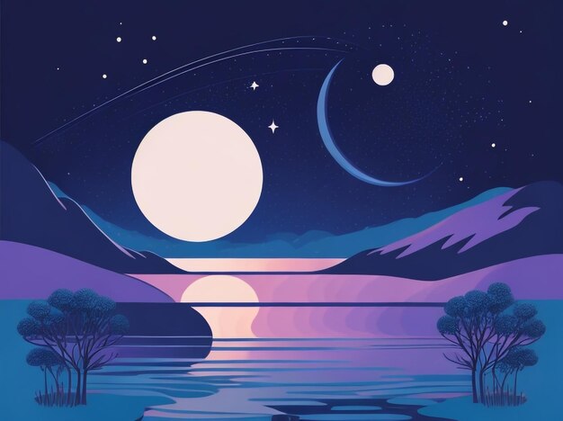 Velvet Starlight Colorful Moon Over Lake Vector Illustration