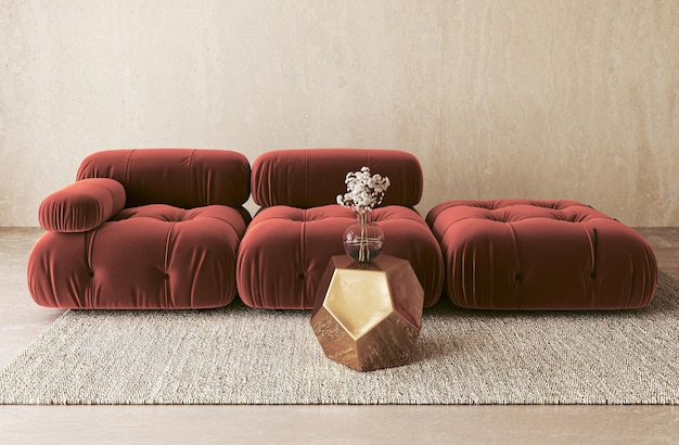 Velvety allure in modern decor a set of maroon puffy sofas and a golden hexagonal side table