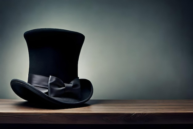 Velvety black top hat on a table with a dark background concept of mystery