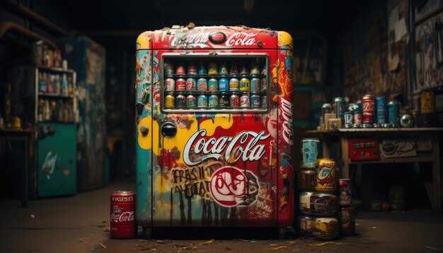 Photo vending machine with stickers on the table on the background of the garage studio shooting